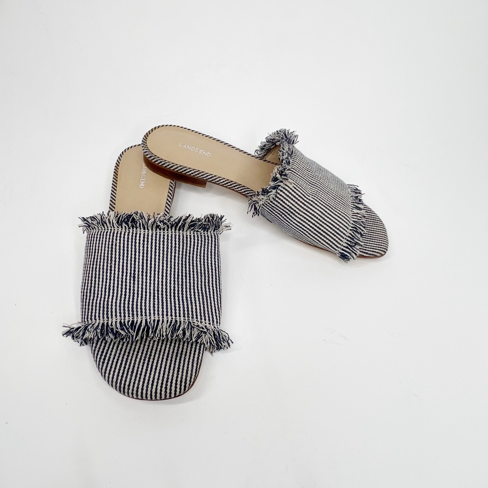 LANDS' END Navy and White Striped Raw Edge Denim Slide Sandals 7